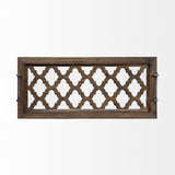 HomeRoots Medium Brown Wood With Metal Quatrefoil Pattern Glass Bottom Tray 376037-HOMEROOTS 376037