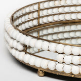HomeRoots 21" Gold Metal With Wooden Bead Frame And Mirrored Glass Bottom Round Tray 376042-HOMEROOTS 376042