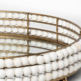 HomeRoots 21" Gold Metal With Wooden Bead Frame And Mirrored Glass Bottom Round Tray 376042-HOMEROOTS 376042