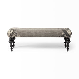 HomeRoots Rectangular Dark Wood And Gray Floral Accent Bench 376181-HOMEROOTS 376181