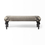 Rectangular Dark Wood And Gray Floral Accent Bench