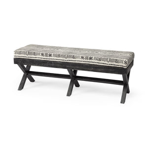 HomeRoots Rectangular Indian Mango Wooddark-Brown Finish W Upholstered Gray And White Patterned Seat Accent Bench 376182-HOMEROOTS 376182