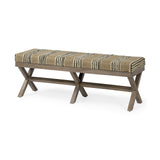 HomeRoots Rectangular Mango Wood Medium Brown Base W Upholstered Beige And Black Stripe Seat Accent Bench 376185-HOMEROOTS 376185