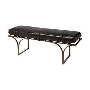 HomeRoots Rectangular Metalantiqued-Gold Black Genuine Leather Seat Accent Bench 376191-HOMEROOTS 376191