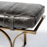 HomeRoots Rectangular Metalantiqued-Gold Black Genuine Leather Seat Accent Bench 376191-HOMEROOTS 376191