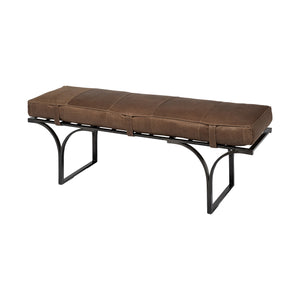 HomeRoots Rectangular Metalmatte-Black Antiqued Brown Genuine Leather Seat Accent Bench 376196-HOMEROOTS 376196