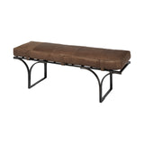 Rectangular Metalmatte-Black Antiqued Brown Genuine Leather Seat Accent Bench