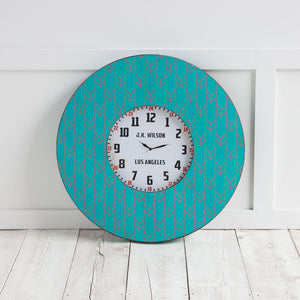 33" Oversize Contemporary Teal and Red Wall Clock with Dense Pattern and 'JK Wilson Los Angeles'