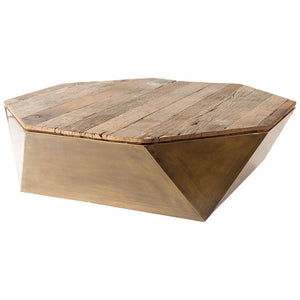 HomeRoots Hexagon Hinged Solid Wood Brass Metal Coffee Table W Storage 376274-HOMEROOTS 376274