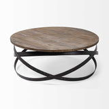 HomeRoots 40.5" Round Solid Wood Top Black Metal Base Coffee Table 376275-HOMEROOTS 376275