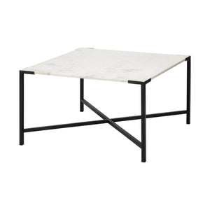 HomeRoots Square White Marble Top Andd Black Metal Base Coffee Table 376279-HOMEROOTS 376279