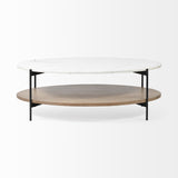 HomeRoots Oval White Marble Top And Black Metal Base Coffee Table W Wood Shelf 376280-HOMEROOTS 376280