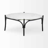 HomeRoots 36" Round White Marble Top Black And Metal Base Coffee Table 376297-HOMEROOTS 376297