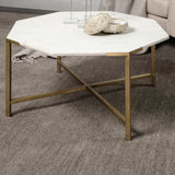 HomeRoots Hexagon White Marble Top And Gold Metal Base Coffee Table 376305-HOMEROOTS 376305