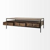 HomeRoots Rectangular Solid Wood And Black Metal Coffee Table W 3 Drawers 376306-HOMEROOTS 376306