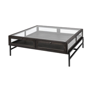 HomeRoots Square Glass Top Wood And Black Metal Base Display Coffee Table W 2 Drawers 376307-HOMEROOTS 376307