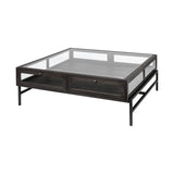 Square Glass Top Wood And Black Metal Base Display Coffee Table W 2 Drawers