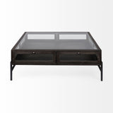 HomeRoots Square Glass Top Wood And Black Metal Base Display Coffee Table W 2 Drawers 376307-HOMEROOTS 376307