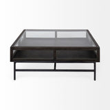 HomeRoots Square Glass Top Wood And Black Metal Base Display Coffee Table W 2 Drawers 376307-HOMEROOTS 376307