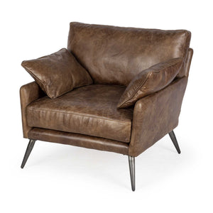 HomeRoots Espresso Brown Top-Grain Leather Wide Accent Chair With Wooden Frame And Iron Legs 376352-HOMEROOTS 376352