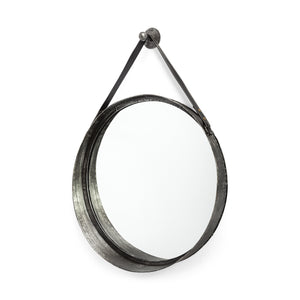 HomeRoots 30" Round Black Metal Frame Wleather Strap Wall Mirror 376375-HOMEROOTS 376375