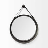 HomeRoots 30" Round Black Metal Frame Wleather Strap Wall Mirror 376375-HOMEROOTS 376375