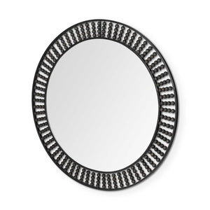 HomeRoots 42" Round Black Metal Frame Wall Mirror With Wood Beads 376427-HOMEROOTS 376427