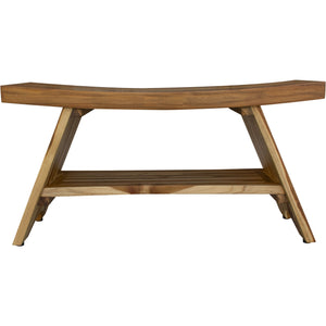Compact Curvilinear Teak Shower Outdoor Bench with Shelf in Natural Finish