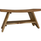 Compact Curvilinear Teak Shower Outdoor Bench with Shelf in Natural Finish