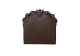 King Size Elaborately Carved Cherry Wood Finish Bed with Tufted Dark Faux Leather Headboard