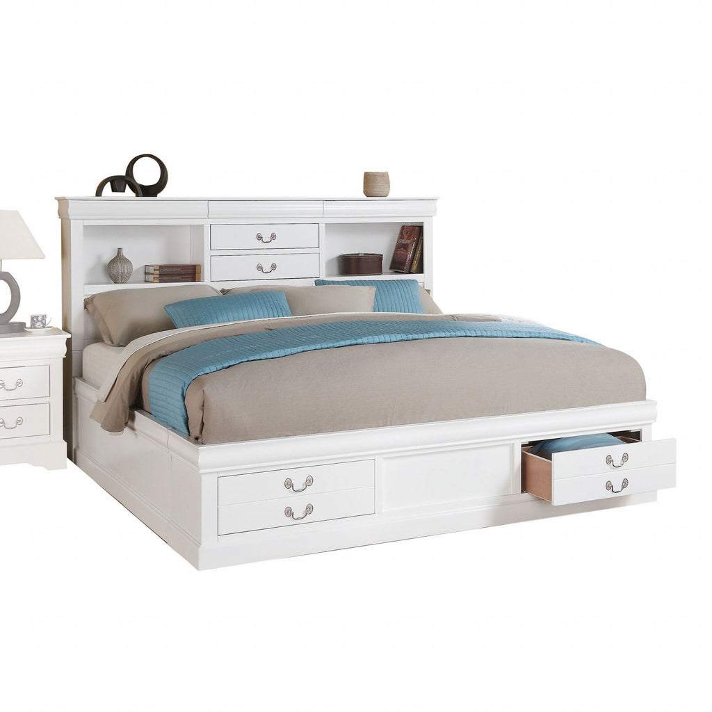 White Wooden Queen Bed with Storage