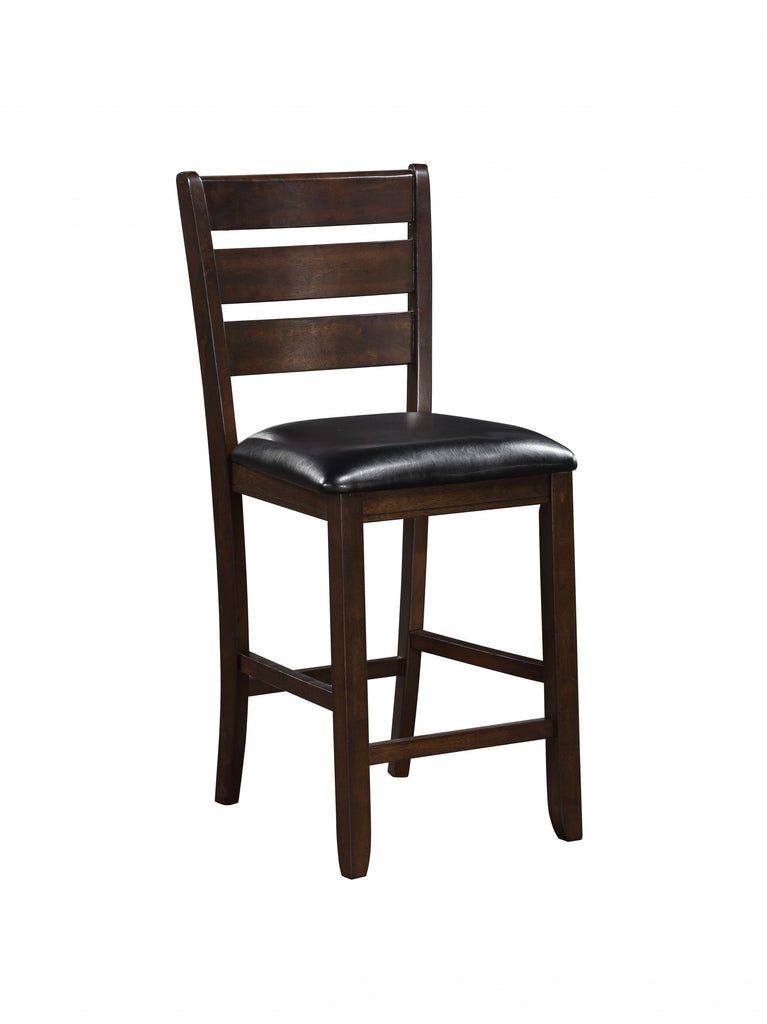 Set of 2 41' Dark Wood Finish and Black Faux Leather Ladder Back Counter Height Chairs