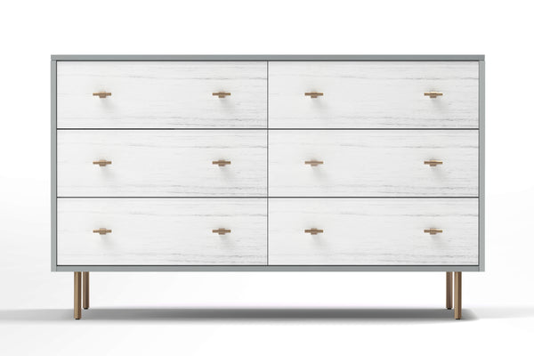Saige Dresser in Weathered White/Gray - Fully Assembled Mahogany with Felt-lined Drawers & Gold Accents