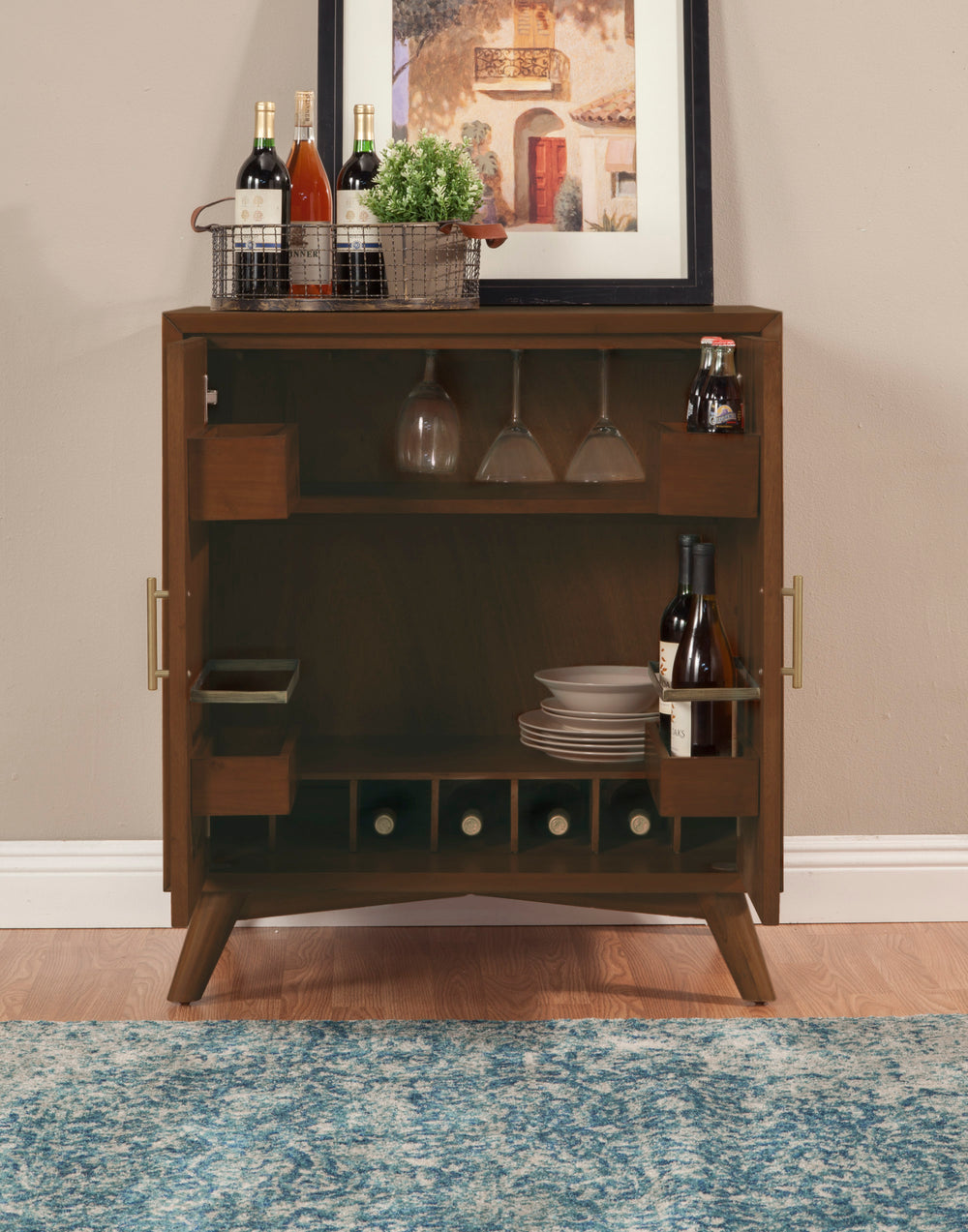Alpine Furniture Flynn Small Bar Cabinet, Walnut 966WAL-17 Walnut Mahogany Solids & Veneer 32 x 19 x 36