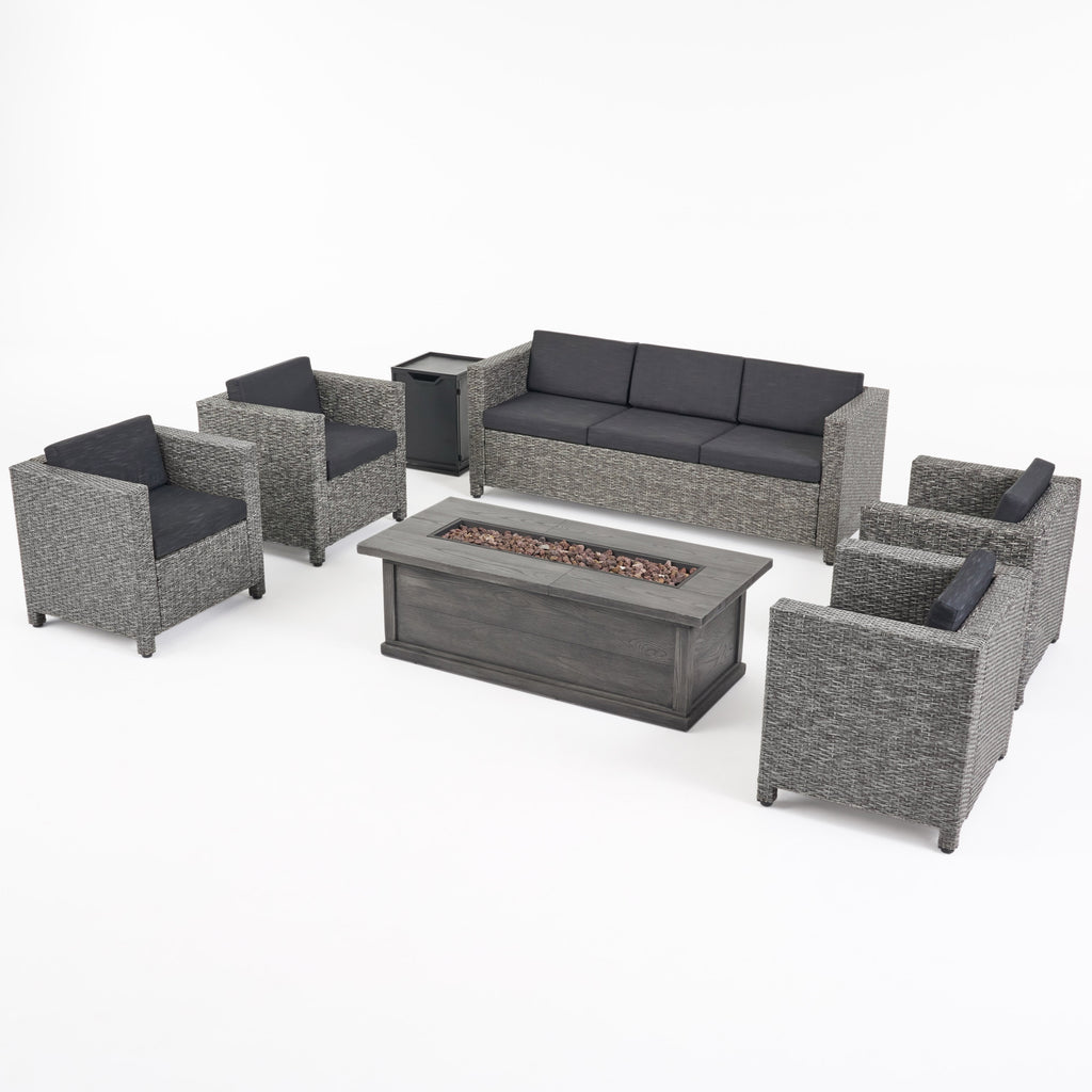Gastman Outdoor 7 Seater Wicker Chat Set with Fire Pit, Mix Black and Dark Gray Noble House