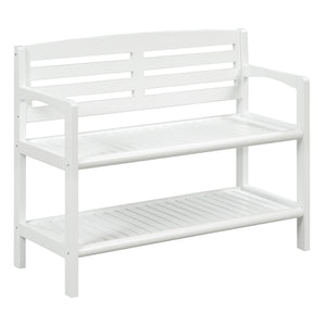 White Finish Solid Wood Slat Bench with High Back and Shelf