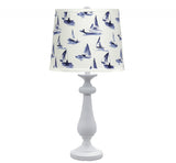 HomeRoots 27" White Metal Bedside Table Lamp Set With White And Blue Tapered Drum Shade 380123-HOMEROOTS 380123