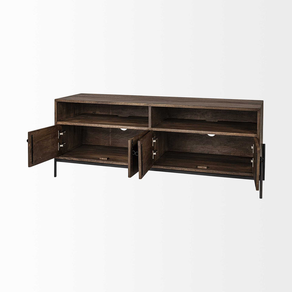 HomeRoots Medium Brown Mango Wood Finish Tv Stand Media Console With 4 Doors And 2 Open Shelves 380198-HOMEROOTS 380198