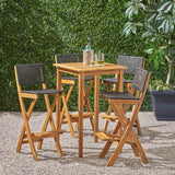 Polaris Outdoor 26" Square 5 Piece Wood and Wicker Bar Height  Set, Natural Finish and Brown Noble House