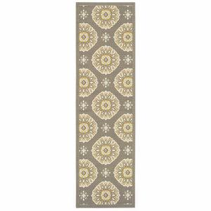 8' Grey Gold Floral Medallion Discs Indoor Outdoor Area Rug Runner Rug