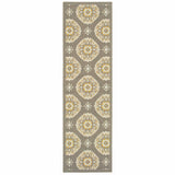 Grey Gold Floral Medallion Discs Indoor Outdoor Area Rug Runner Rug