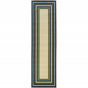 8' Ivory Mediterranean Blue and Lime Border Indoor Outdoor Runner Rug