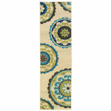 Ivory Indigo and Lime Medallion Disc Indoor Outdoor Runner Rug