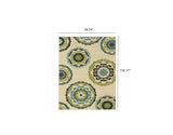 6' x 9' Ivory Indigo and Lime Medallion Disc Indoor Outdoor Area Rug