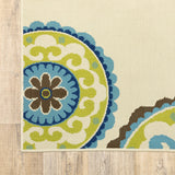 7' x 10' Ivory Indigo and Lime Medallion Disc Indoor Outdoor Area Rug