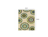 7' x 10' Ivory Indigo and Lime Medallion Disc Indoor Outdoor Area Rug