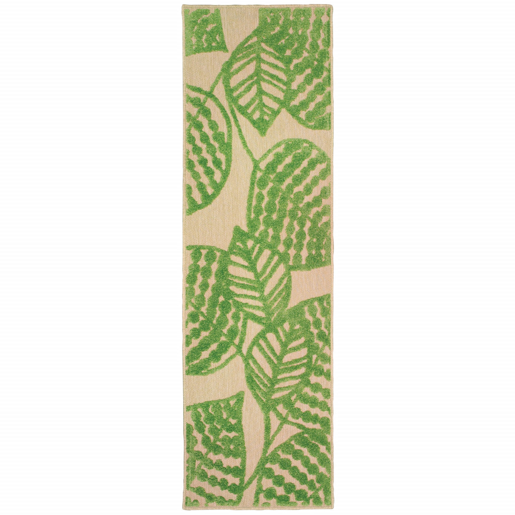 8' Sand and Lime Green Leaves Indoor Outdoor Runner Rug
