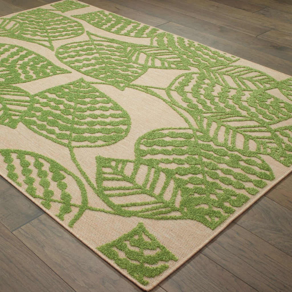 7' x 10' Sand and Lime Green Leaves Indoor Outdoor Area Rug