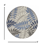 4’ Round Gray and Blue Leaves Indoor Outdoor Area Rug