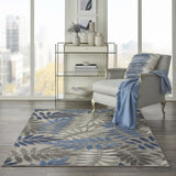 5’ x 8’ Gray and Blue Leaves Indoor Outdoor Area Rug